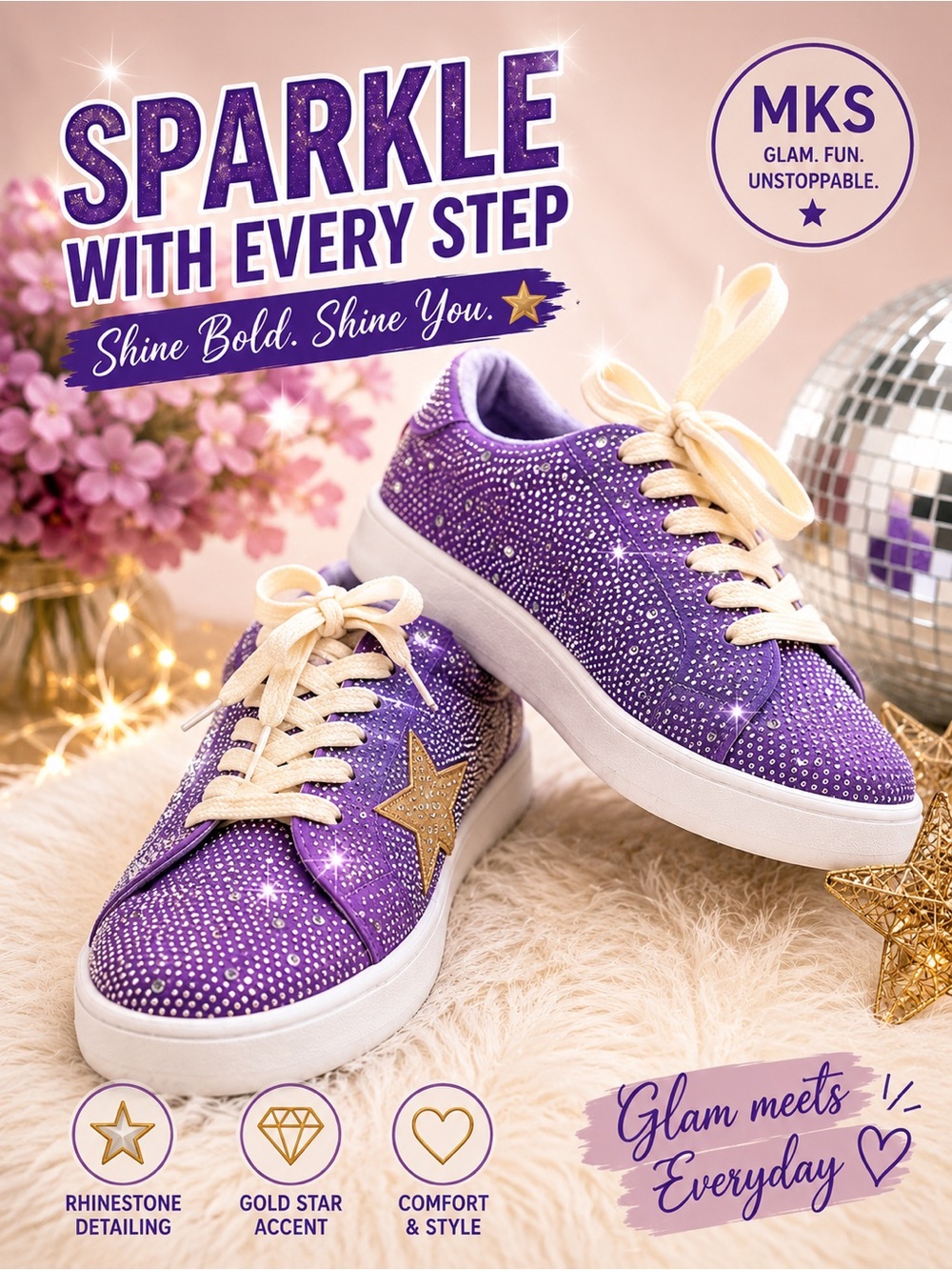 MKS Purple Rhinestone Star Sneakers with Gold Star